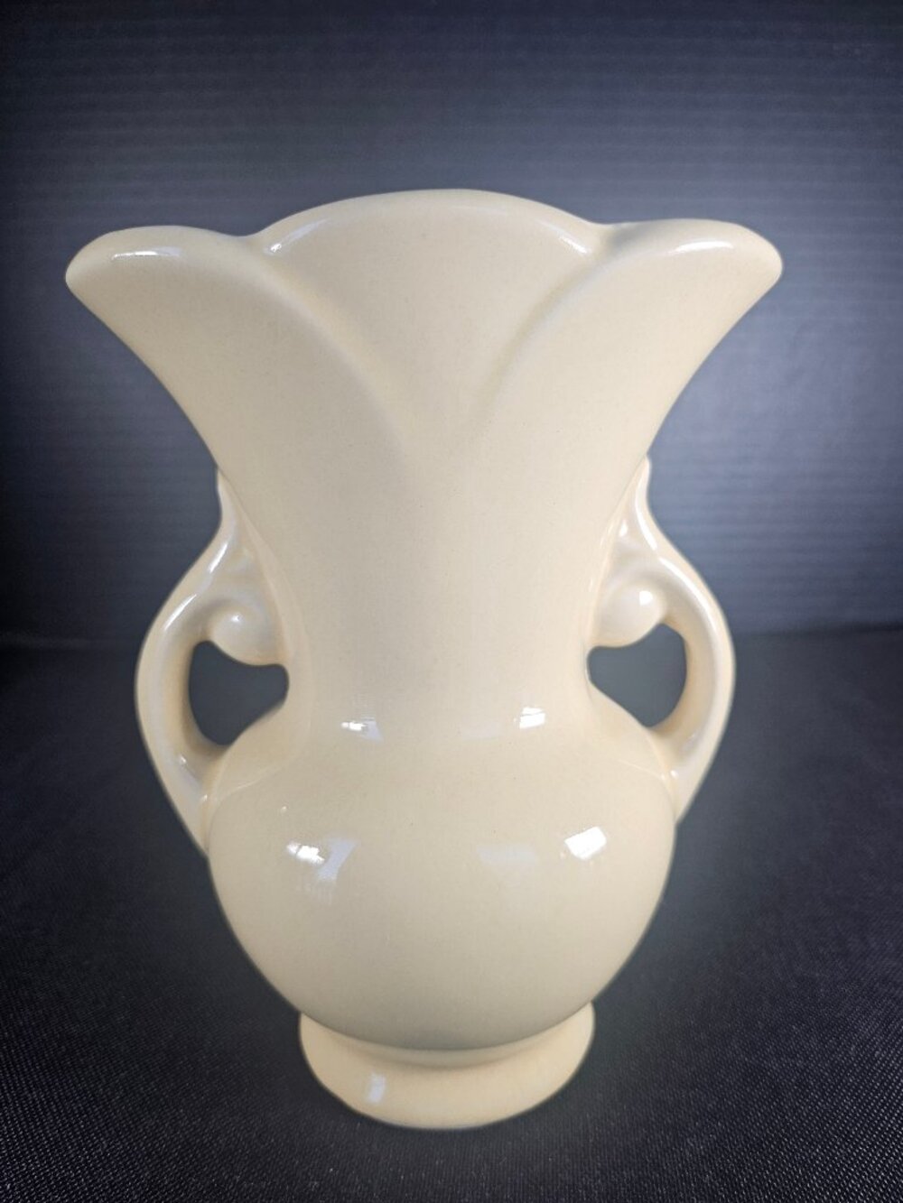 Shawnee Pottery Double Handled Vase Art Deco Yellow Cream Flared Urn 1940s